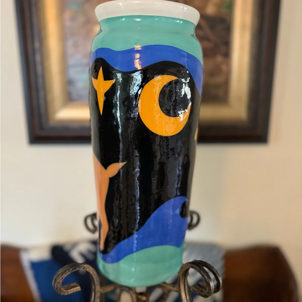 Vintage 15”Tall Signed Celestial Kadisak blue + green Wilderkind glazed vase.